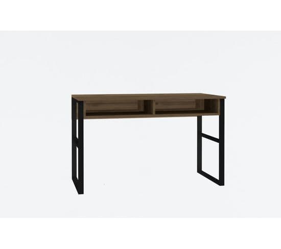 Bureau 2 Compartiments Mauro 120cm Métal Noir Et Bois Naturel