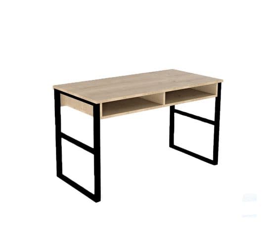 Bureau 2 Compartiments Mauro 120cm Métal Noir Et Bois Clair