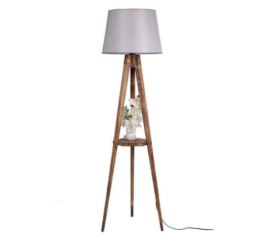 Lampadaire Trépied Lunctura 160cm Bois Marron Et Tissu Gris