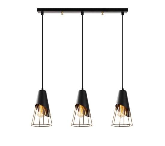 Suspension 3 Lampes Demi-filaire Alignées Bashful 67cm Métal Noir Et Or