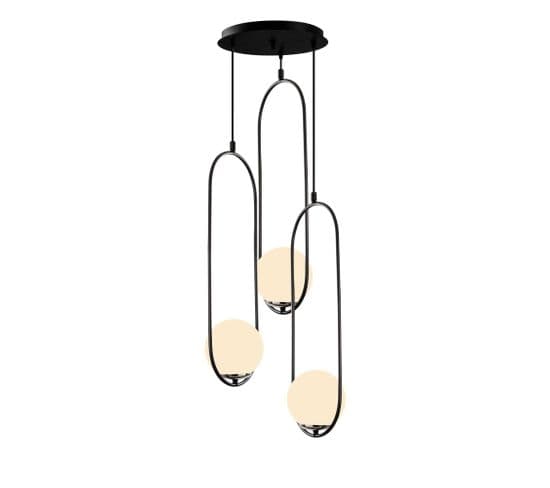 Suspension Ovale 3 Lampes Escalier Chargey Verre Blanc Et Métal Noir