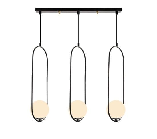 Suspension Ovale 3 Lampes Alignées Chargey Verre Blanc Et Métal Noir