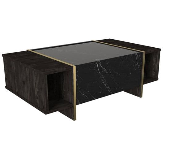 Table Basse 1 Porte Abattante Alivo 103,8x60cm Bois Marron Et Noir Effet Marbre