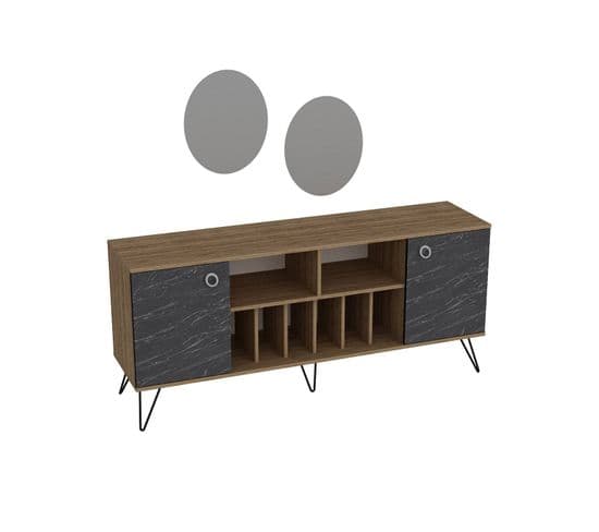 Ensemble Buffet Et 2 Miroirs Ancara Bois Naturel Et Noir Effet Marbre