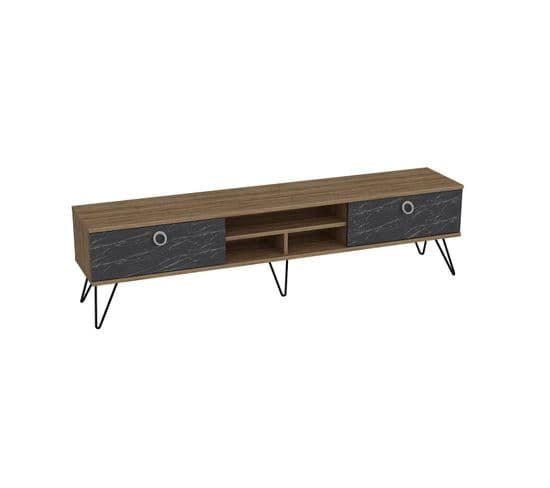 Meuble Tv Ancara L180cm Bois Foncé Et Noir Effet Marbre