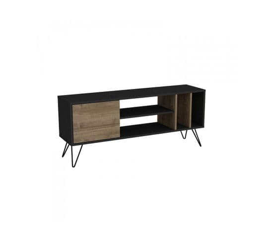 Meuble TV Style Industriel 1 Porte Erva L140cm Bois Foncé Et Noir