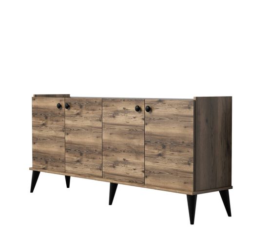 Buffet Bas 4 Portes Nidan 180cm Bois Et Effet Marbre Noir