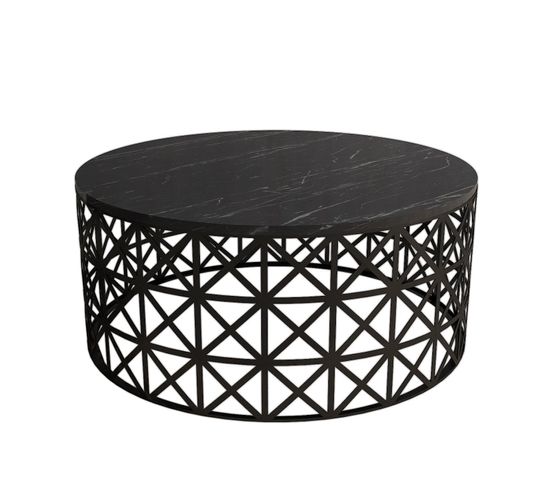 Table Basse Ovale Ellipticum Support Grille Ajouré Bois Marbre Noir Et Métal Noir