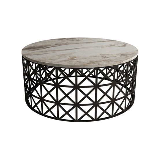 Table Basse Ovale Ellipticum Support Grille Ajouré Bois Marbre Blanc Et Métal Noir