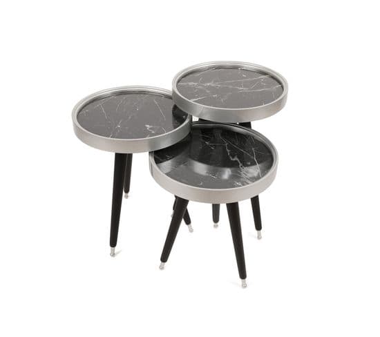 Lot De 3 Tables Basses Rondes Gigognes à Pieds Noir Et Argent Sitchas Effet Marbre Noir