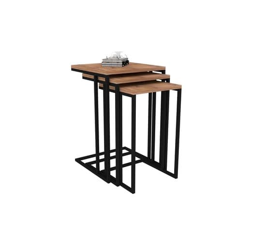 Ensemble De 3 Tables Basses Gigognes Ineke Métal Noir Et Bois Naturel