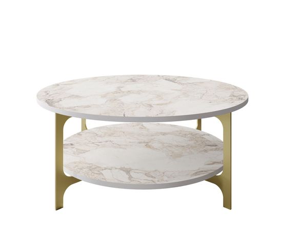 Table Basse Ovale Elliptica 2 Tablettes Bois Marbre Blanc Et Métal Or