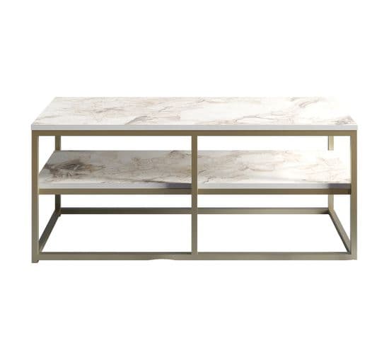 Table Basse Rectangle Cubicum 2 Tablettes Bois Marbre Blanc Et Métal Or