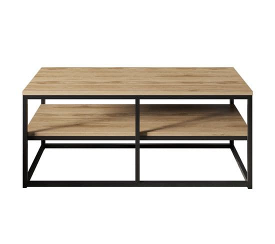 Table Basse Rectangle Cubicum 2 Tablettes Bois Naturel Et Métal Noir