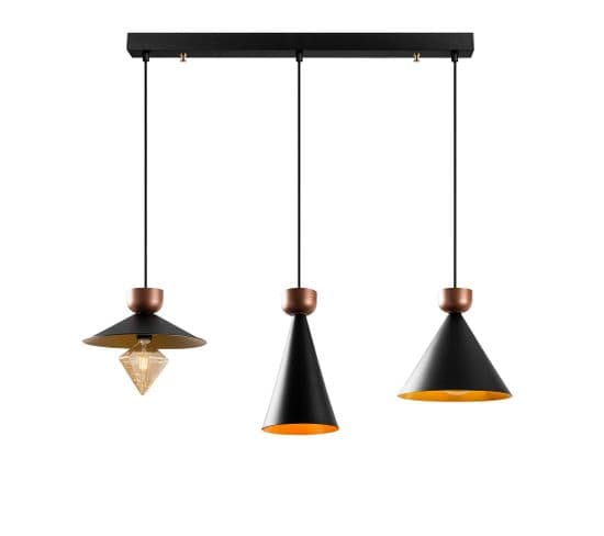 Suspension 3 Lampes Cônes Aligné Jedi 100cm Métal Noir