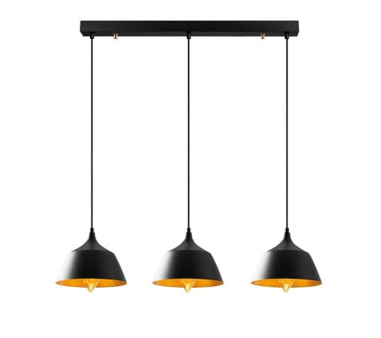 Suspension 3 Lampes Alignées Epille 95cm Métal Noir Et Or