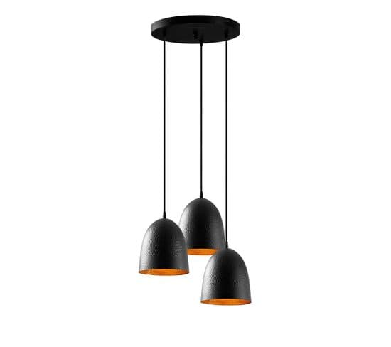 Suspension 3 Lampes Cloches Saccade Gakuli D20cm Métal Martelées Noir