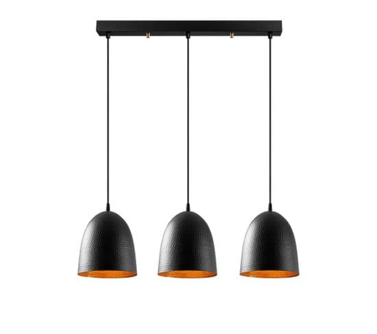 Suspension 3 Lampes Cloches Alignées Gakuli 125cm Métal Martelées Noir