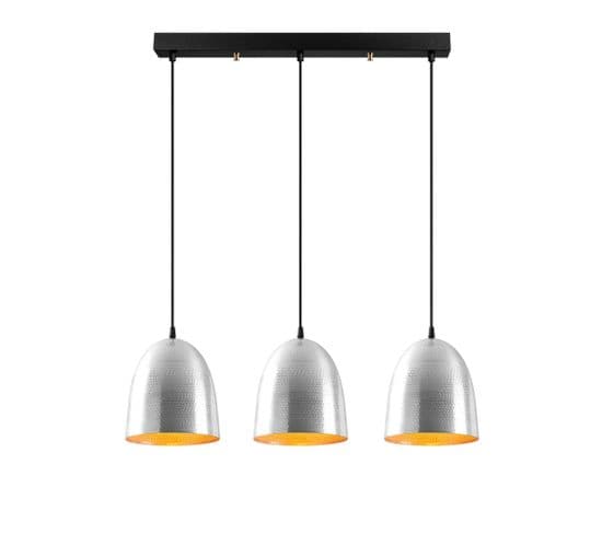 Suspension 3 Lampes Cloches Alignées Gakuli 125cm Métal Martelées Argent