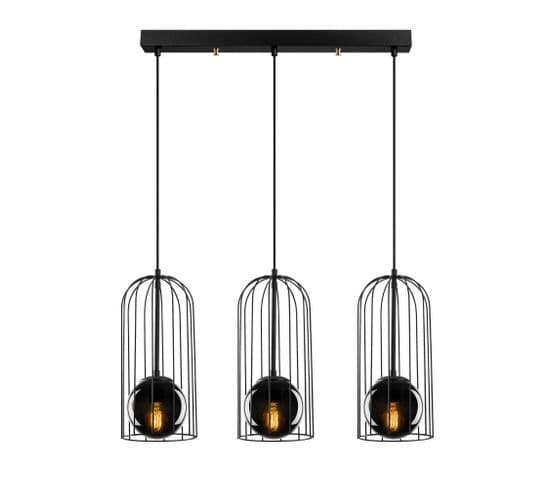 Suspension Cages 3 Lampes Alignées Sampson Verre Et Métal Noir