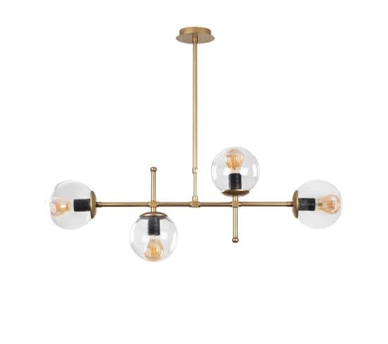 Suspension Barre 4 Lampes Globes Movado 108cm Métal Or Antique Et Chrome Et Verre Transparent