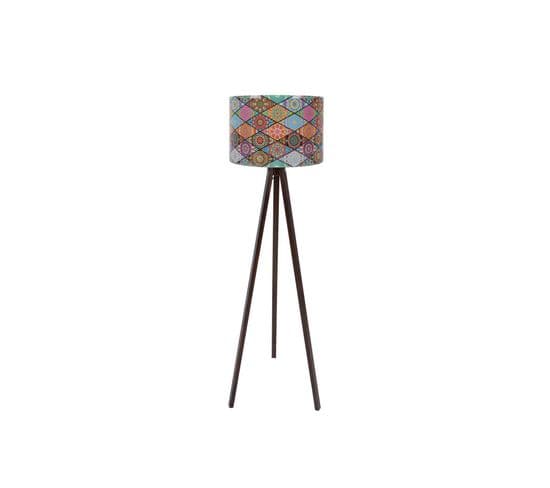 Lampadaire Trépied Luca 145cm Tissu Motif Losange Mandala Multicolore Et Bois Noir