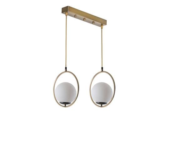 Suspension 2 Lampes Cerclés Alignés Radrana 45cm Verre Blanc Et Métal Or