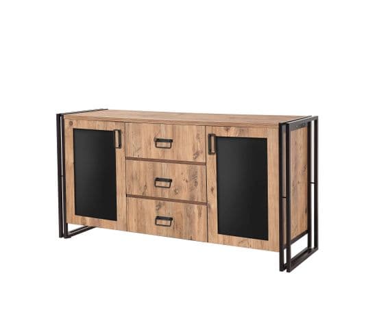 Buffet 2 Portes Et 3 Tiroirs Colisart 160x80cm Métal Noir Et Bois Naturel