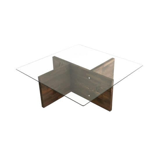 Table Basse Design Carré Enatone 90cm Pin Massif Foncé Et Verre Transparent