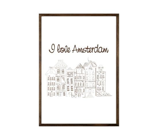 Tableau Fait Main Imago L50xh70 Bois Massif Motif 'i Love Amsterdam' Marron