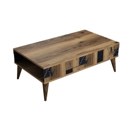 Table Basse Avec Rangement Raga L105xp60cm Bois Et Effet Marbre Noir