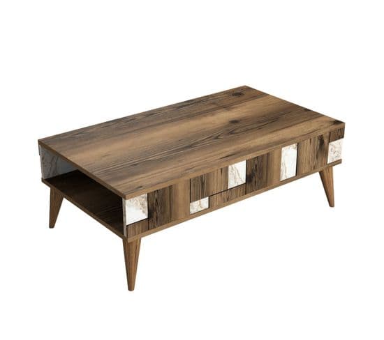 Table Basse Avec Rangement Raga L105xp60cm Bois Et Effet Marbre Blanc