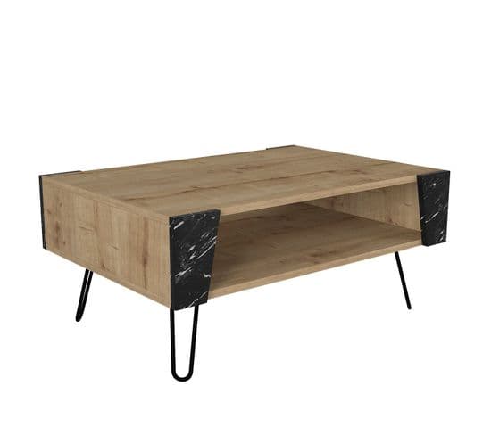 Table Basse Ancon L90cm Bois Clair Et Effet Marbre Noir