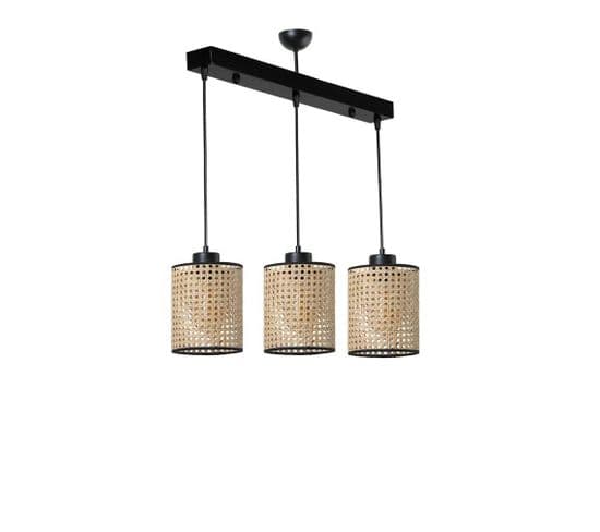 Suspension Cannage 3 Lumières Alignés Colca Métal Noir Et Rotin Beige