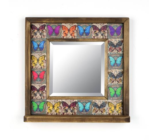 Miroir Mural Dallat L32,5xh33cm Bois Massif Foncé Motif Papillon