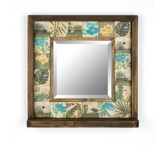 Miroir Mural Dallat L32,5xh33cm Bois Massif Foncé Motif Plantes Tropicales Vert, Bleu Et Jaune