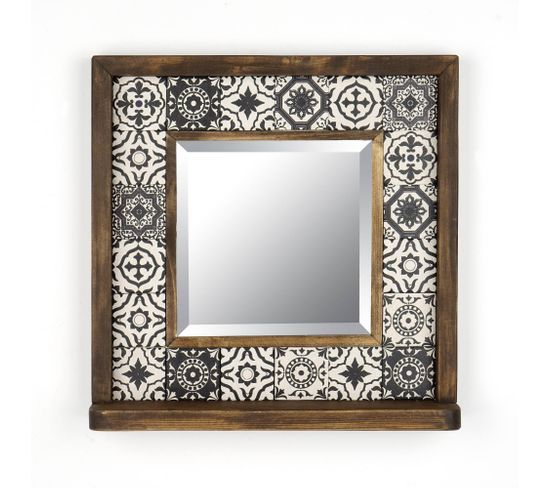 Miroir Mural Dallat L32,5xh33cm Bois Massif Foncé Motif Arabesque Noir Et Blanc