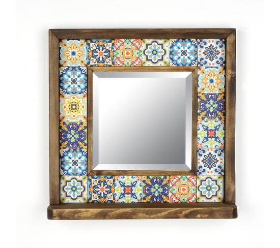 Miroir Mural Dallat L32,5xh33cm Bois Massif Foncé Motif Fayence Andalouse