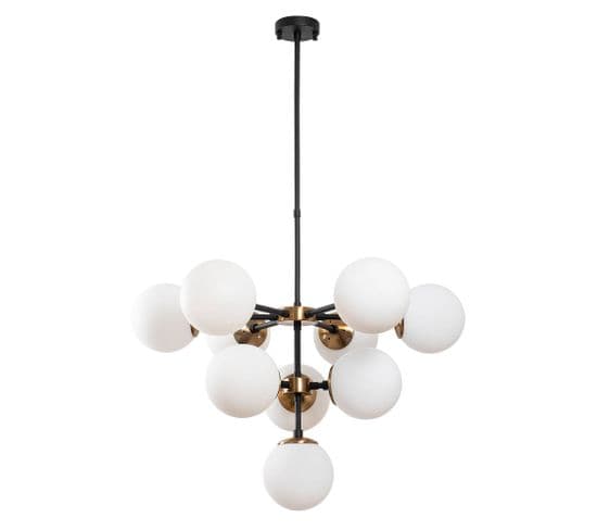 Suspension 10 Lampes Sphériques Guan D74cm Métal Or Antique Et Noir Et Verre Blanc