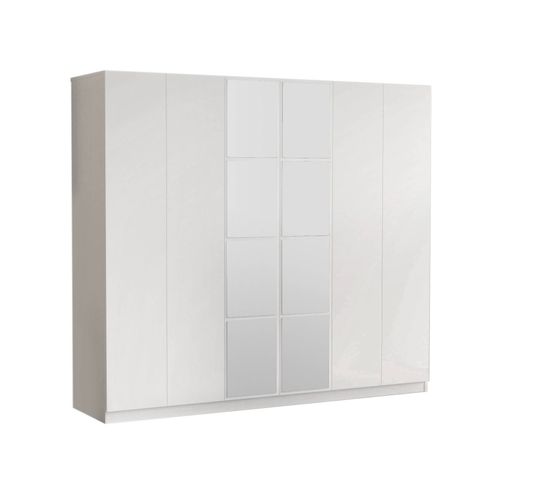 Armoire 6 Portes Avec Miroir Natho L207,6cm Bois Blanc