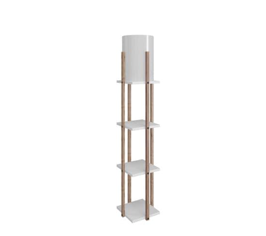 Lampadaire Combiné 3 Étagères Ulkoda 135cm Bois Naturel Et Blanc Et Tissu Blanc