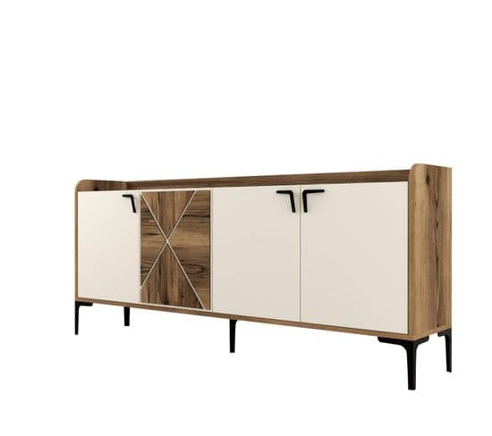 Buffet Bas 4 Portes Zenger 180cm Bois Naturel Et Blanc Crème Et Métal Noir