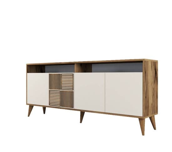 Buffet Bas 4 Portes Et 2 Niches De Rangement Kaltes L180cm Bois Foncé Et Beige