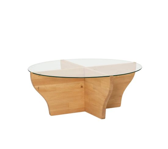 Table Basse Design Ronde Rozine D92cm Bois Massif Clair Et Verre Transparent