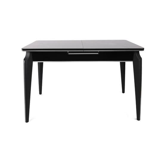 Table à Mangé Extensible Alnilam Métal Noir Et Bois Effet Marbre Noir Avec Bordure Argent