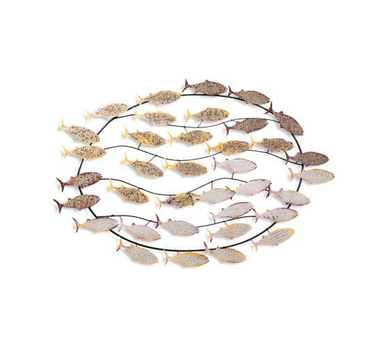 Décoration Murale Groupe De Poissons Karura L94xh58cm Métal Blanc, Marron Et Or