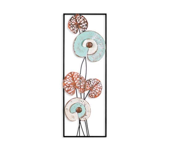 Cadre Décoratif Fleurs Exotique Akko L32xh90cm Métal Blanc, Bronze Et Vert Clair