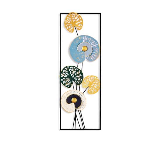 Cadre Décoratif Fleurs Exotique Akko L32xh90cm Métal Blanc, Bleu, Vert Et Or