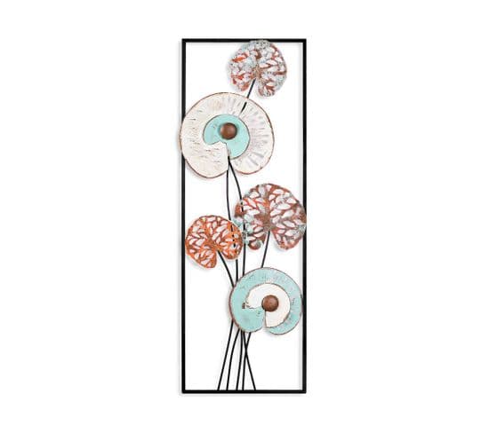 Cadre Décoratif Fleurs Exotique Akka L32xh90cm Métal Blanc, Bronze Et Vert Clair