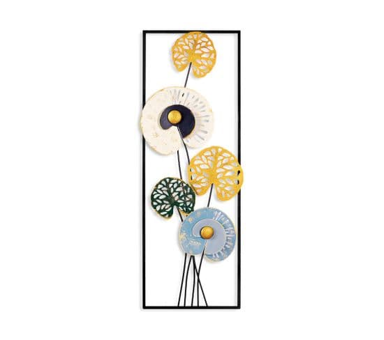 Cadre Décoratif Fleurs Exotique Akka L32xh90cm Métal Blanc, Bleu, Vert Et Or